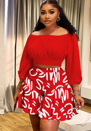 Plus Size Women Pleated Off Shoulder Top and Printed Shorts Casual Two-piece Set