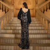 Women Long Sleeve Square Neck Sequin Formal Party Bodycon Fishtail Evening Dress