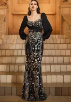 Women Long Sleeve Square Neck Sequin Formal Party Bodycon Fishtail Evening Dress