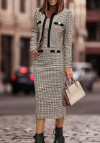 Women Knitting Stretchy Suspender Bodycon Plaid Cardigan Jacket and Slit Dress Two-piece Set