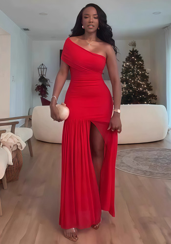 Women spring solid Sleeveless Slash Shoulder Pleated Slit Maxi Dress