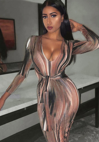 Women autumn sexy Style printed long sleeve V-neck dress