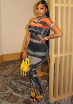 Women Spring and Summer Print See-Through Mesh Round Neck Top and Bell Bottom Pants two-piece set