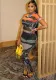 Women Spring and Summer Print See-Through Mesh Round Neck Top and Bell Bottom Pants two-piece set