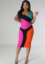 Women sexy contrast color matching print u-neck dress