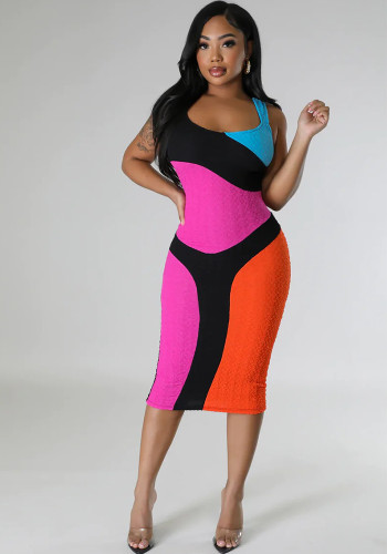 Women sexy contrast color matching print u-neck dress
