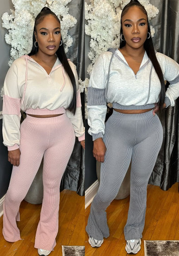 Women spring Ribbed hooded patchwork long-sleeved top and trousers two-piece suit