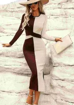 Women Crepe Knitting Stretchy Contrast Patchwork Lace-Up Bowknot Slit Long Sleeve Dress