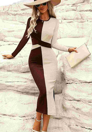 Women Crepe Knitting Stretchy Contrast Patchwork Lace-Up Bowknot Slit Long Sleeve Dress