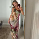 Women sexy Backless lace Halter Neck French slit dress