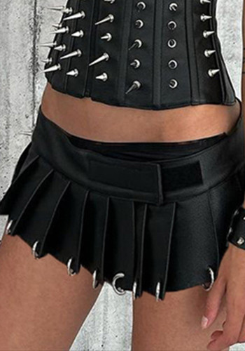 Women Pu-Leather Metal Ring Sexy Mini Skirt