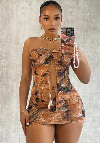 Women Mesh Floral Pleated Sexy Split Strapless Strapless Dress