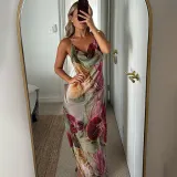 Women sexy Backless lace Halter Neck French slit dress