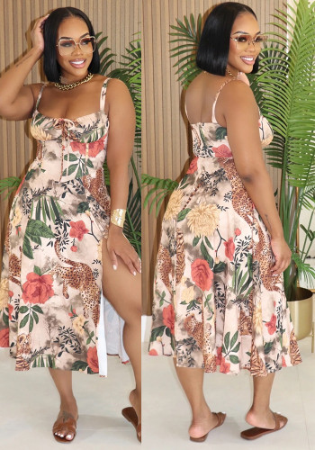 Women Sexy Slit Elegant Printed Strap Dress