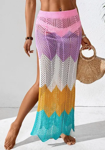 Women Summer Contrast Patchwork Wave Pattern Sexy Split Skirt