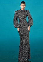 Women Long Sleeve Round Neck Formal Party Fishtail Sequin Evening Dress