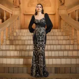 Women Long Sleeve Square Neck Sequin Formal Party Bodycon Fishtail Evening Dress