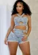 Distressed Denim Casual Vest Hollow-Out Shorts Set