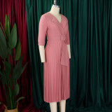 African Women Turndown Collar Lace-Up Pleated Dress