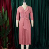 African Women Turndown Collar Lace-Up Pleated Dress