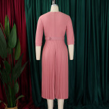 African Women Turndown Collar Lace-Up Pleated Dress