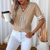 V-Neck Contrast Color Summer Top Casual Knit Sweater