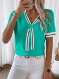 V-Neck Contrast Color Summer Top Casual Knit Sweater