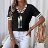 V-Neck Contrast Color Summer Top Casual Knit Sweater