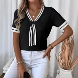 V-Neck Contrast Color Summer Top Casual Knit Sweater