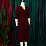 African Women Turndown Collar Lace-Up Pleated Dress