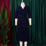 African Women Turndown Collar Lace-Up Pleated Dress