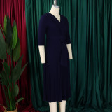 African Women Turndown Collar Lace-Up Pleated Dress