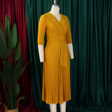 African Women Turndown Collar Lace-Up Pleated Dress