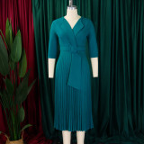 African Women Turndown Collar Lace-Up Pleated Dress