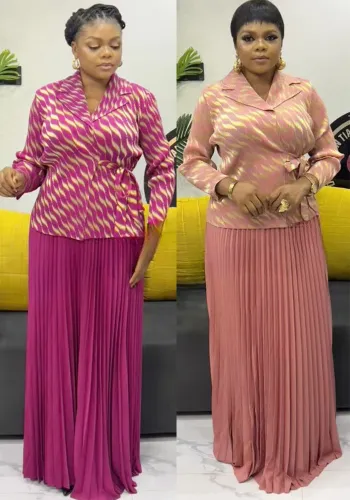Shiny Turndown Collar Slim Waist Pleated Two-Piece Skirt Set