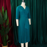African Women Turndown Collar Lace-Up Pleated Dress