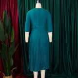 African Women Turndown Collar Lace-Up Pleated Dress