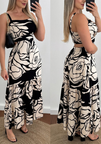 Rose-Pattern Hollow Strap Sexy Maxi Dress