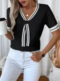 V-Neck Contrast Color Summer Top Casual Knit Sweater