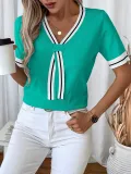 V-Neck Contrast Color Summer Top Casual Knit Sweater