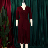 African Women Turndown Collar Lace-Up Pleated Dress