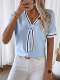 V-Neck Contrast Color Summer Top Casual Knit Sweater