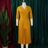 African Women Turndown Collar Lace-Up Pleated Dress