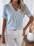 V-Neck Contrast Color Summer Top Casual Knit Sweater
