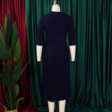 African Women Turndown Collar Lace-Up Pleated Dress