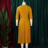 African Women Turndown Collar Lace-Up Pleated Dress
