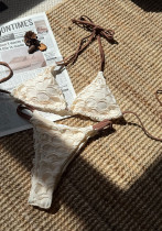 Drawstring & Lace-Up Low-Back Mesh Patchwork Bikini Set