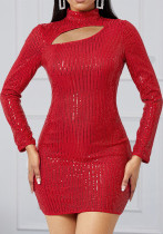 Women Long Sleeve Cut Out Sequin Dress