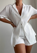 Women Summer Solid Shirt Shorts Casual Two-piece Set