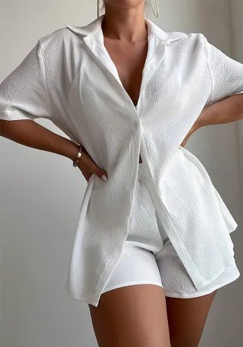 Women Summer Solid Shirt Shorts Casual Two-piece Set